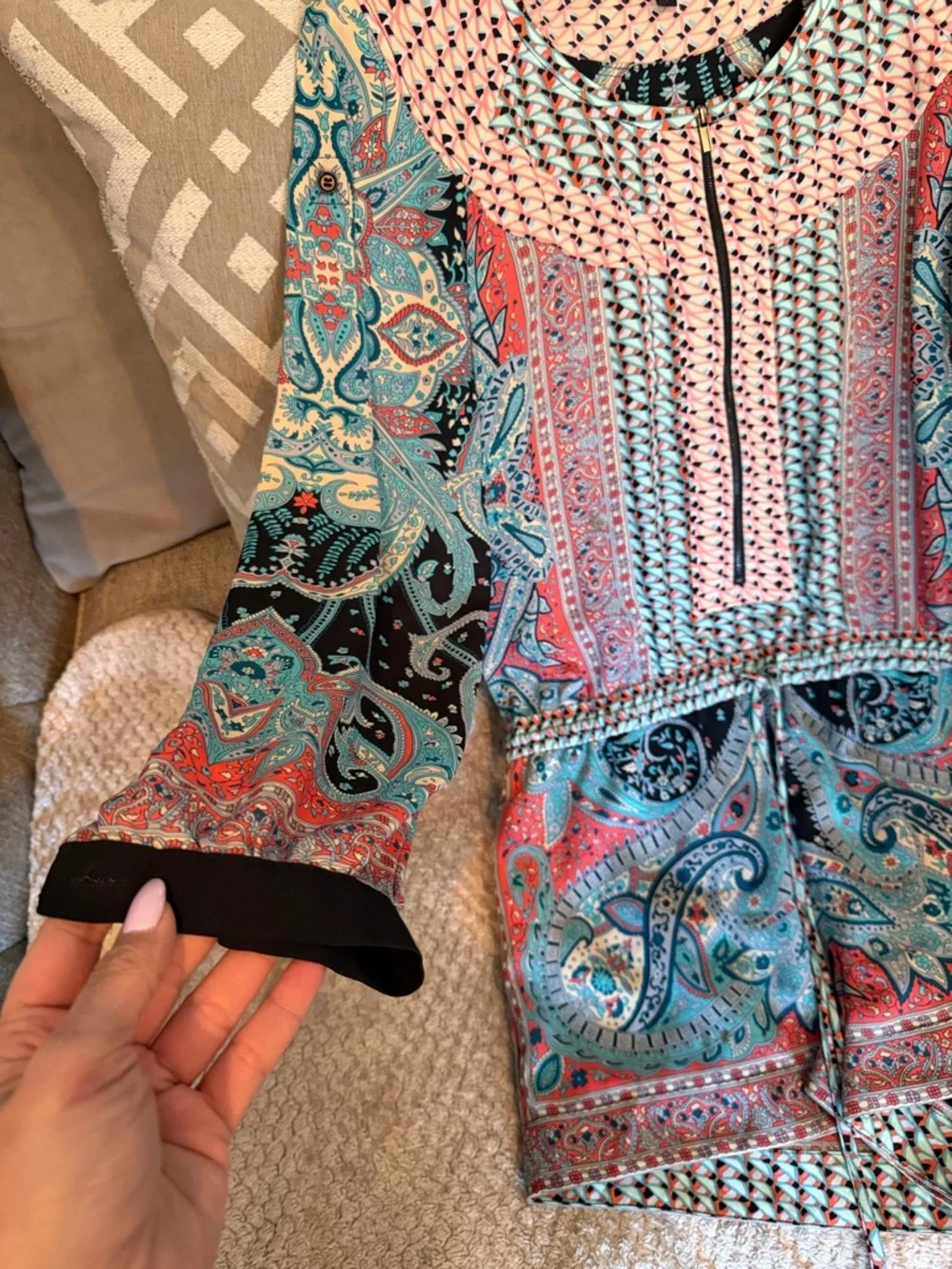 BCBG Max Azria Paisley Printed Romper in Turquoise, Coral & black - Picture 3 of 5